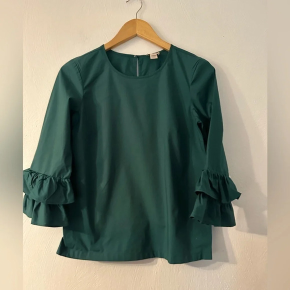 J Crew Blouse Womens 6 3/4 Bell Sleeve Crew Neck Casual Green Stretch Cotton - Picture 4 of 13
